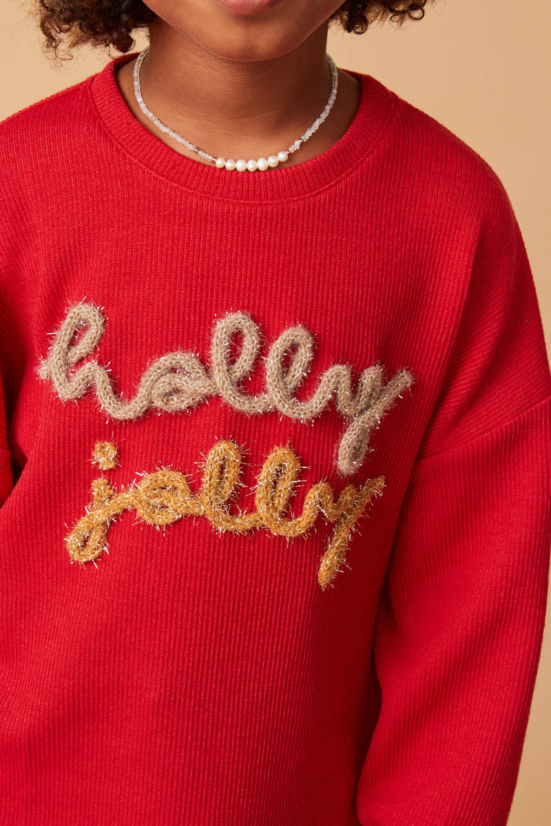 Girls Knit Tinsel Holly Jolly Ribbed Knit Top