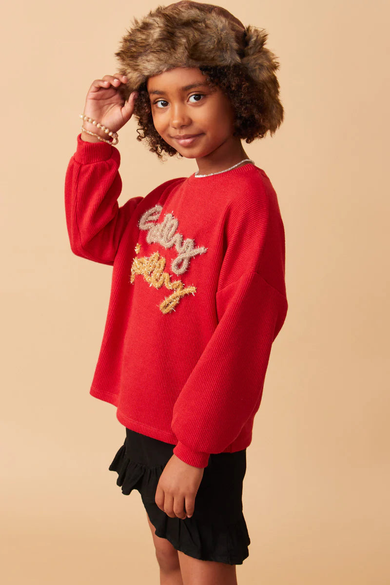 Girls Knit Tinsel Holly Jolly Ribbed Knit Top