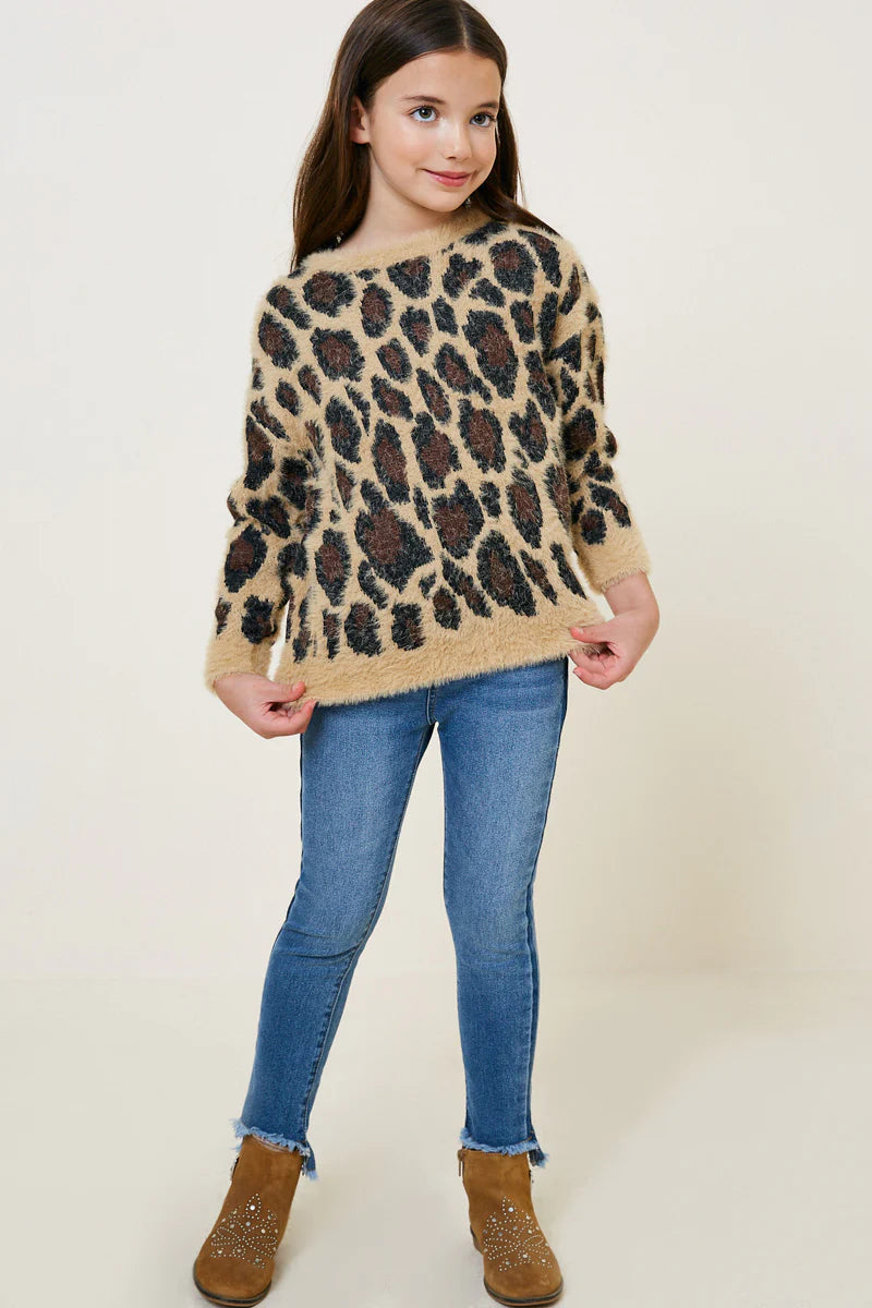 Girls Leopard Mohair Pullover Sweater