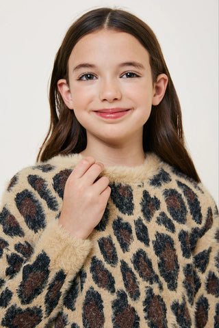 Girls Leopard Mohair Pullover Sweater