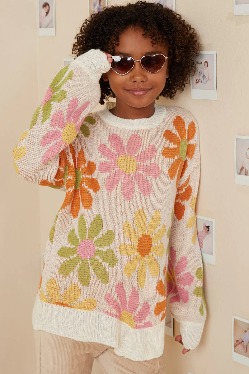 Girls Retro Daisy Knit Pullover Sweater