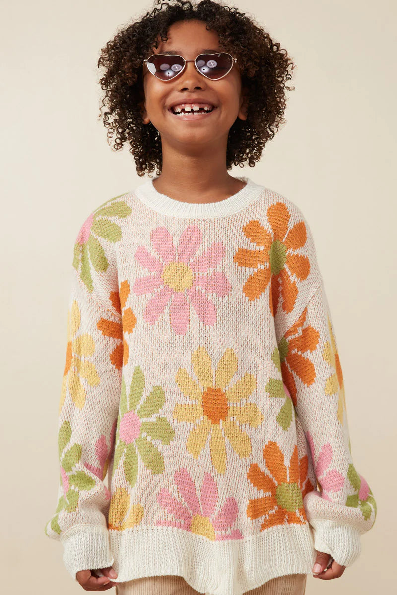 Girls Retro Daisy Knit Pullover Sweater