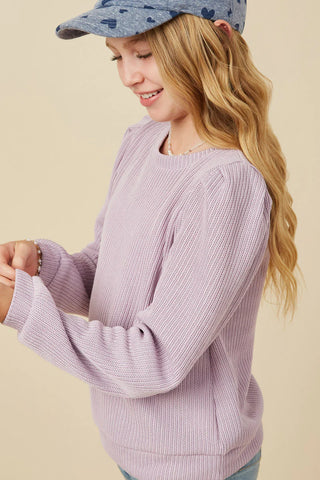 Girls Ribbed Knit Banded Detail Mock Neck Top