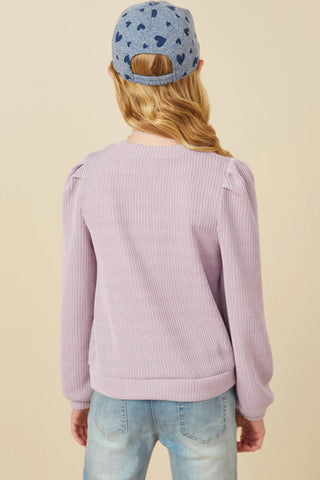 Girls Ribbed Knit Banded Detail Mock Neck Top