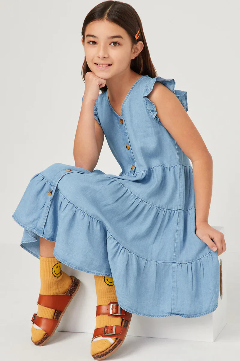 Girls Ruffle Button Down Tiered Dress