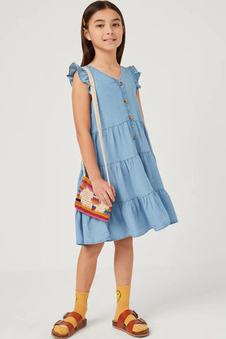 Girls Ruffle Button Down Tiered Dress