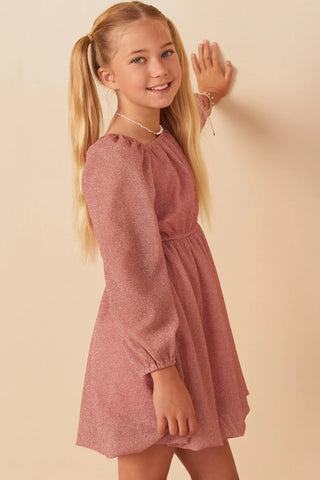 Girls Sparkle Foil Puff Sleeve Dress