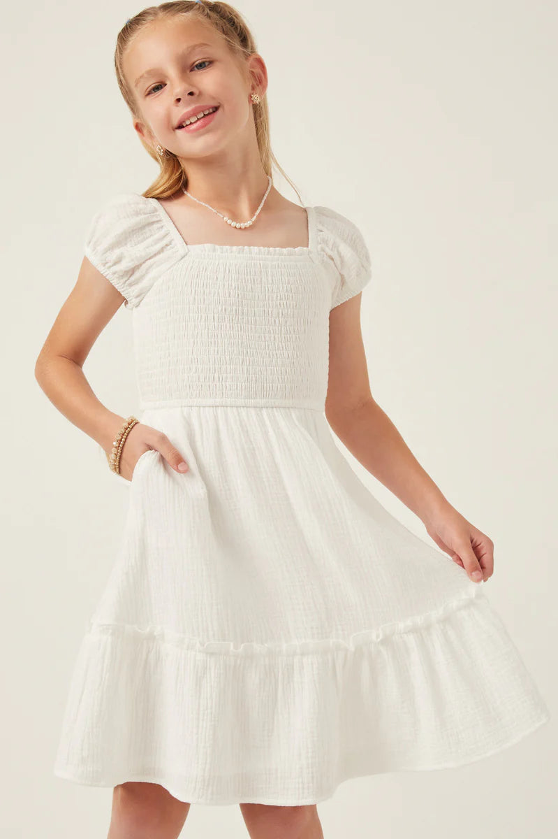 Girls Textured Puff Sleeve Smocked Squareneck Dress