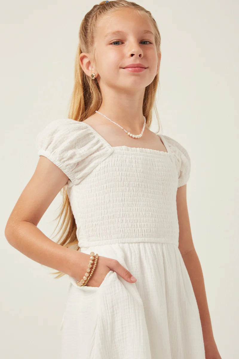 Girls Textured Puff Sleeve Smocked Squareneck Dress