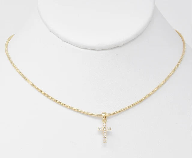 Gold Snake Chain with Rhinestone Cross Necklace