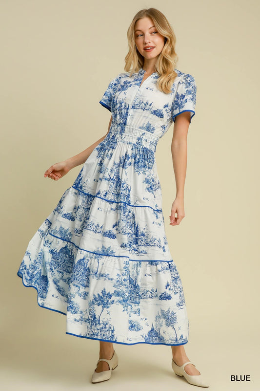 Toile Print Tiered Maxi Dress