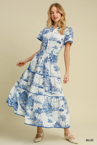 Toile Print Tiered Maxi Dress