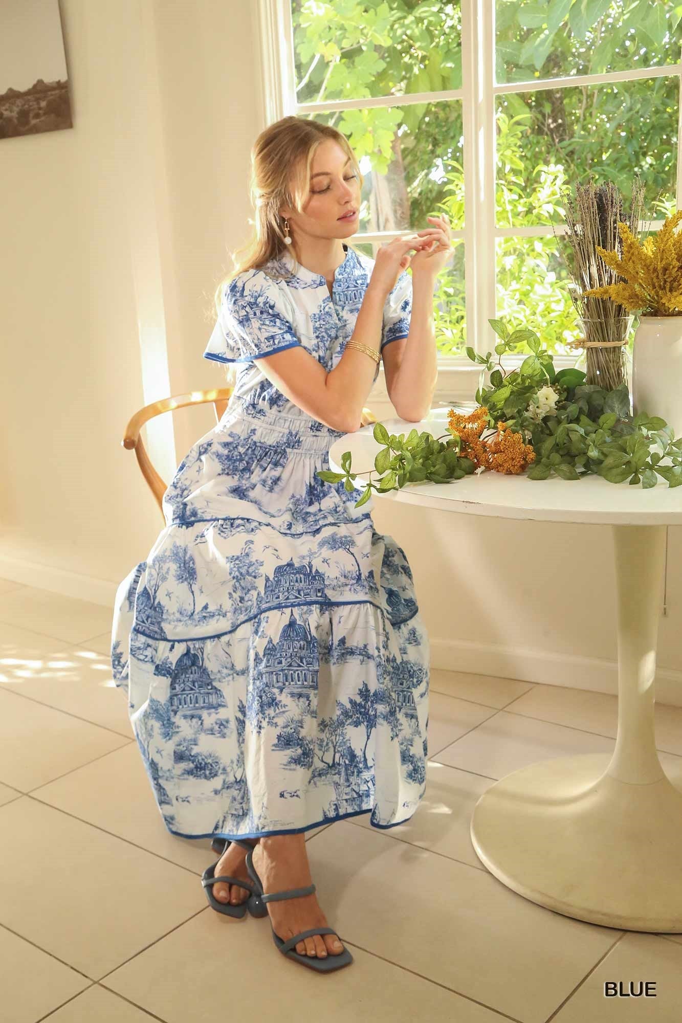 Toile Print Tiered Maxi Dress