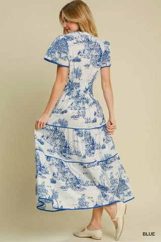 Toile Print Tiered Maxi Dress