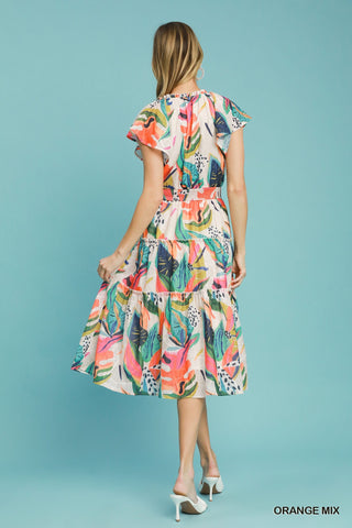 Leaf Print Tiered Midi Dress