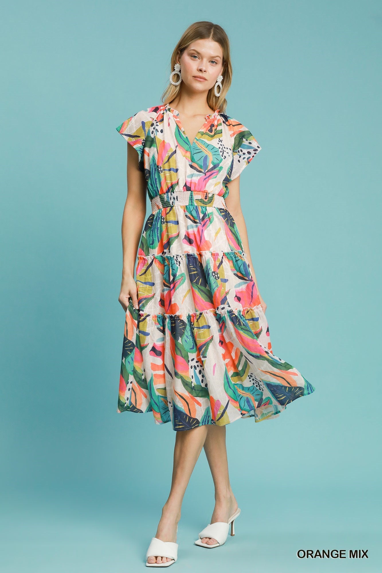 Leaf Print Tiered Midi Dress