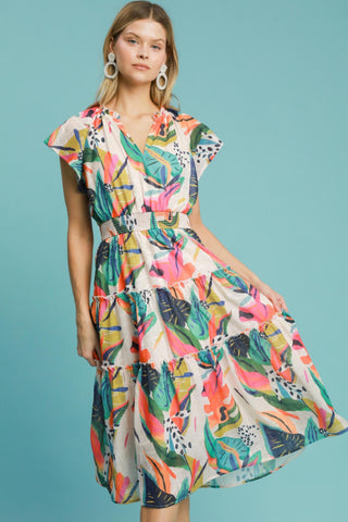 Leaf Print Tiered Midi Dress