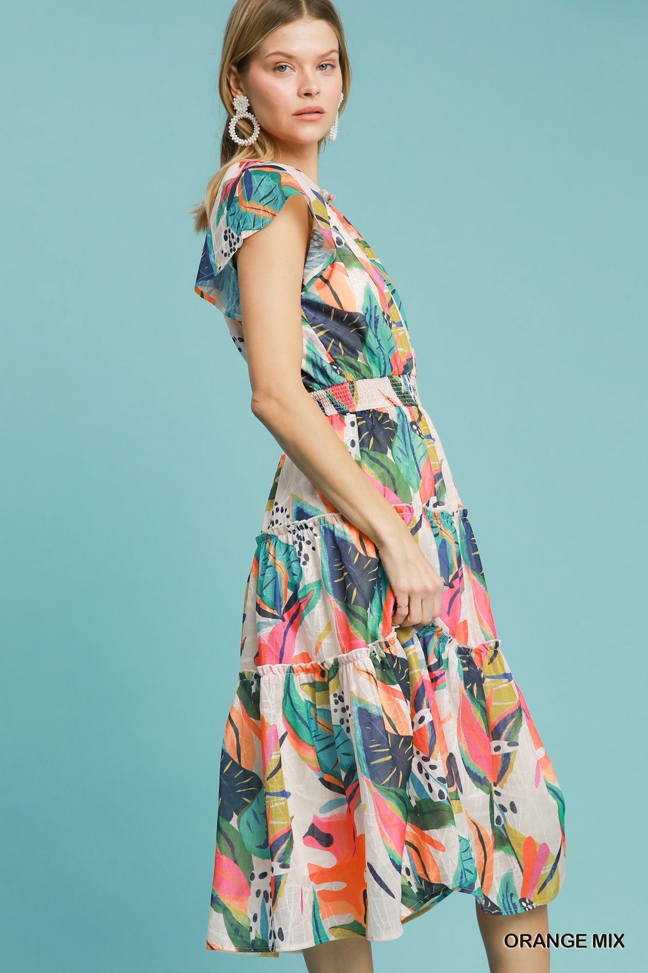 Leaf Print Tiered Midi Dress