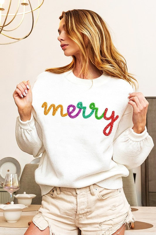 "MERRY" Metallic Letter Sweater