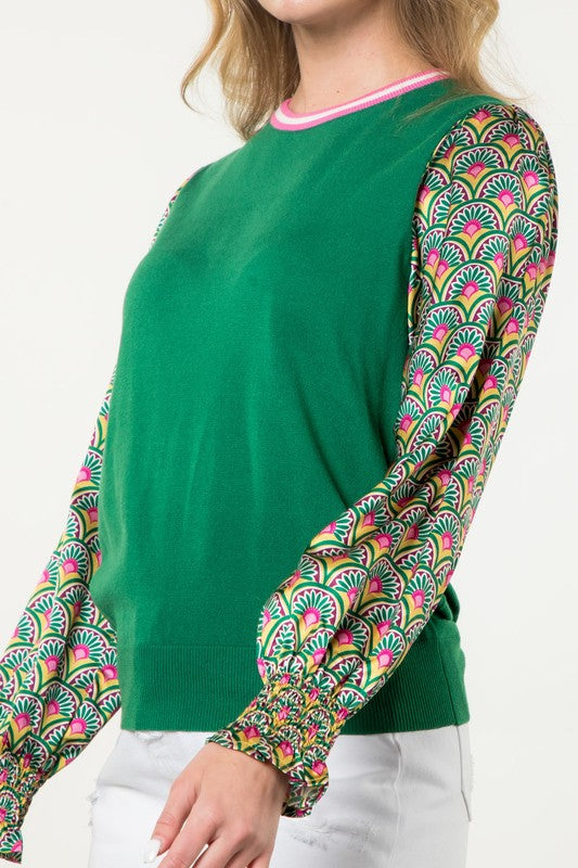 Mixed Media Bishop Sleeve Top