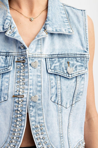 Rhinestone Heart Denim Vest