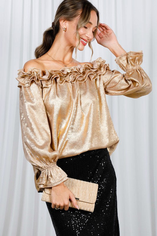 Ruffle Off The Shoulder Metallic Blouse