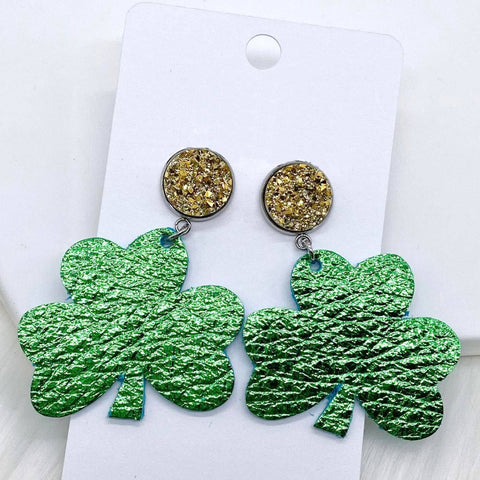 Gold & Metallic Green Shamrock Leather Dangle Earrings