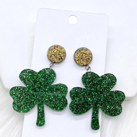 Gold & Green Glitter Shamrock Acrylic Dangle Earrings