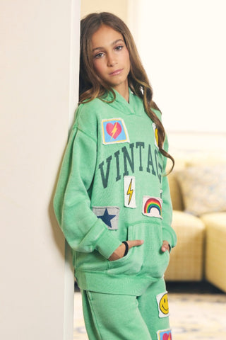 Girls Vintage Pullover Hooded Sweatshirt with Patches