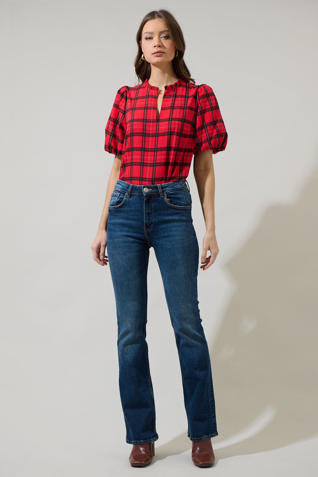 Woodland Red Plaid Split Neck Blouse