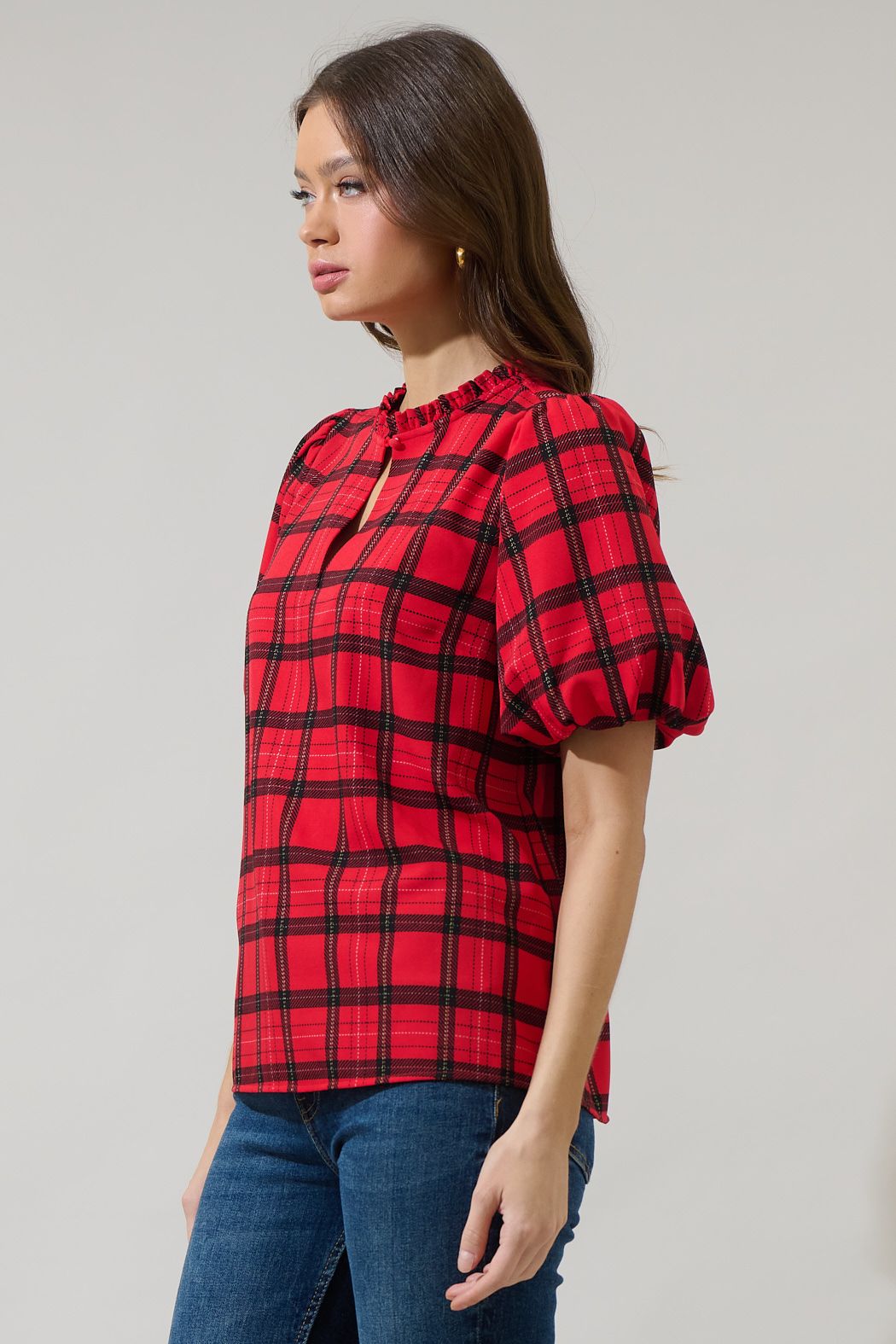 Woodland Red Plaid Split Neck Blouse