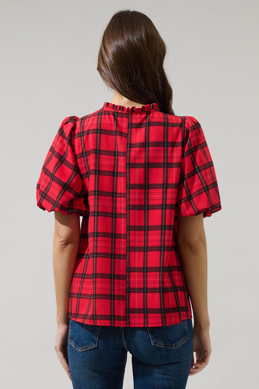 Woodland Red Plaid Split Neck Blouse