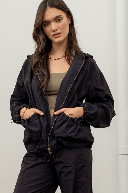 ZIP UP DRAWSTRING HOODED JACKET