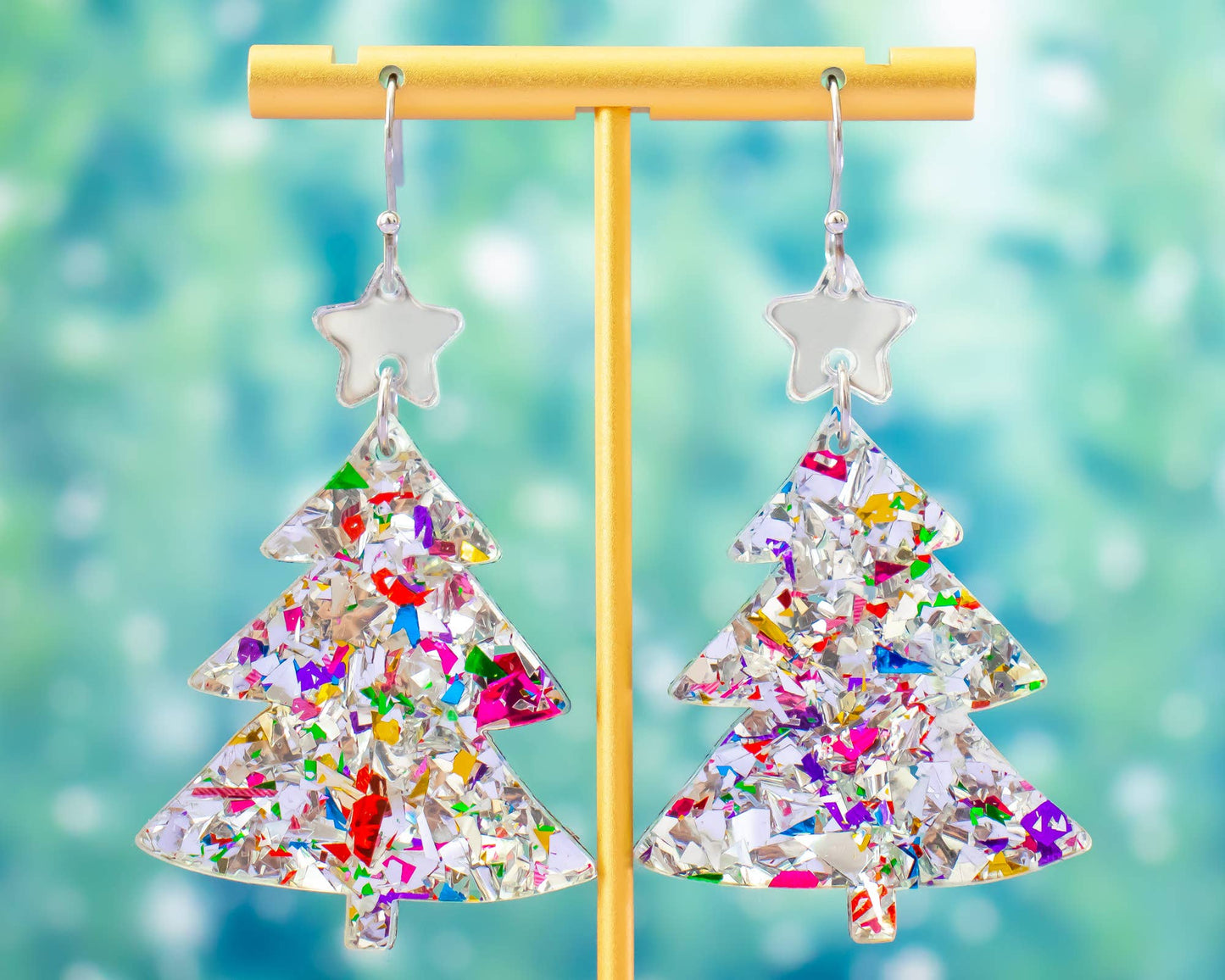 Christmas Tree Silver Glitter Holiday Earrings