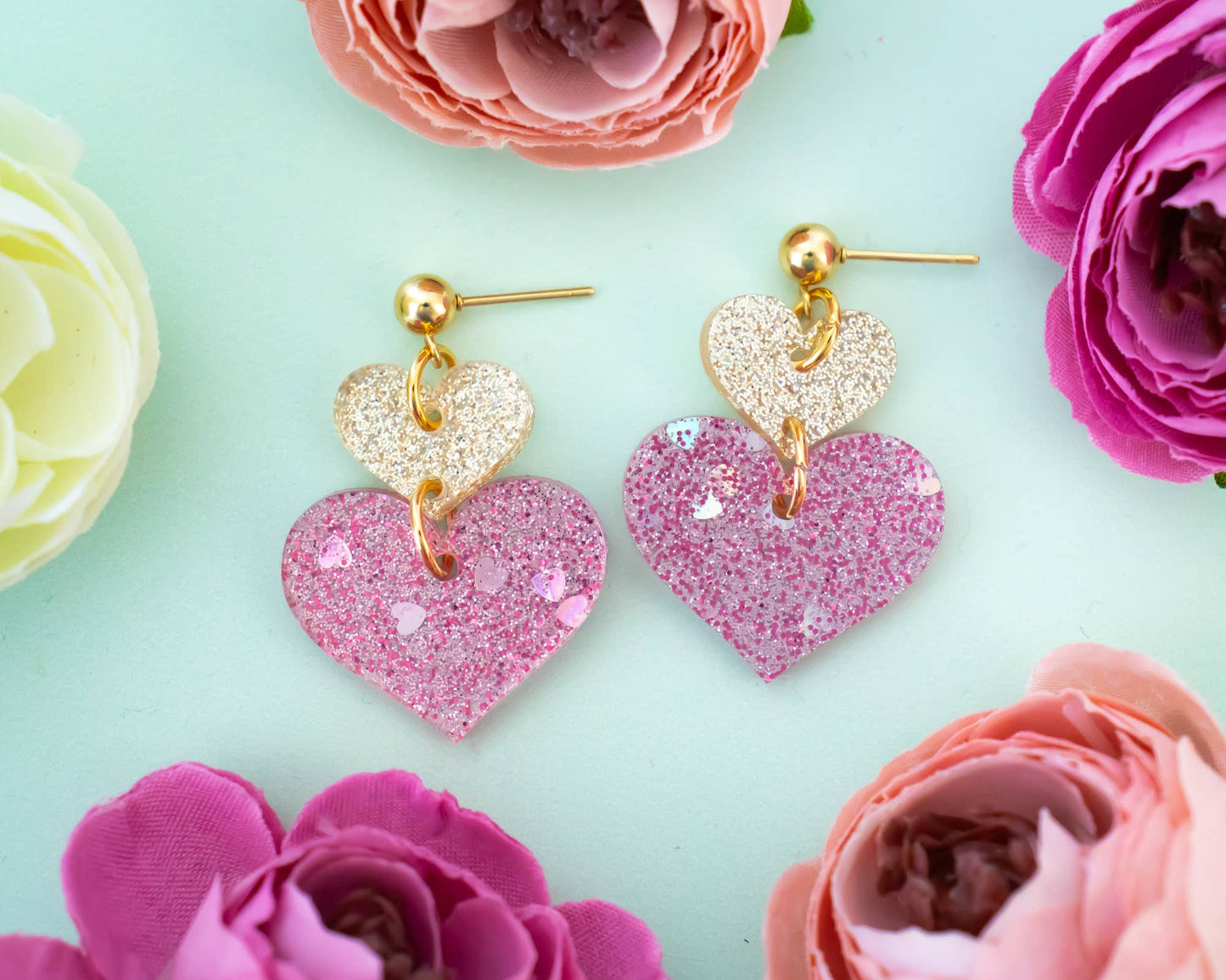 Heart Glitter Stacked Earrings