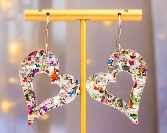 Valentines Retro Heart Glitter Dangles