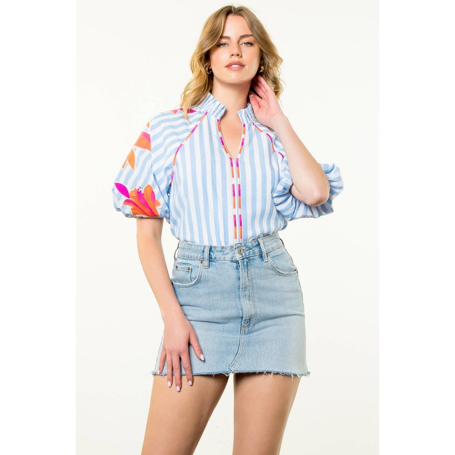 Embroidered Puff Sleeve Striped Top