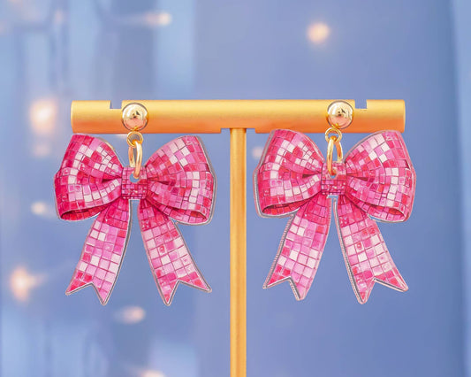 Pink Disco Ball Bow Earrings