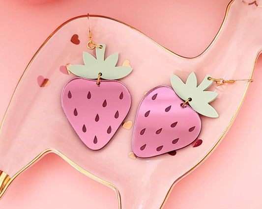 Pink Strawberry Acrylic Earrings