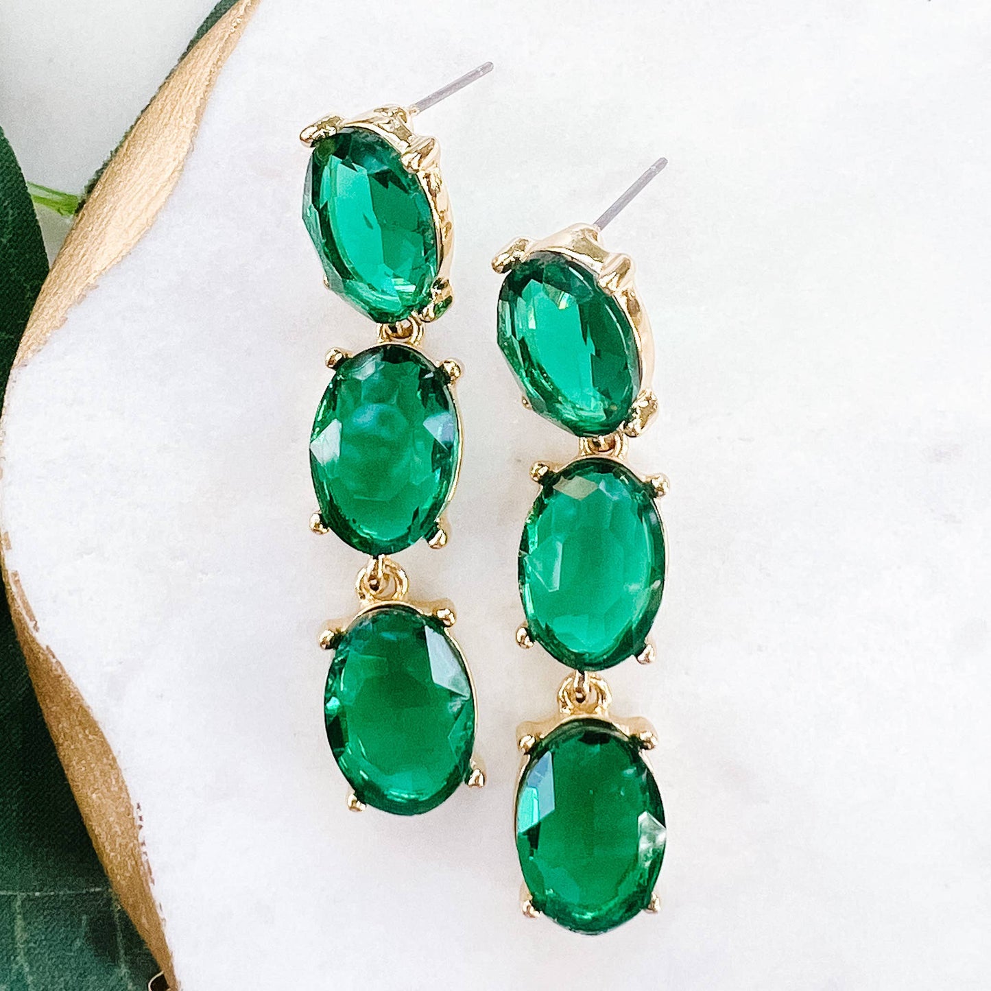 Three-tier Green Stone Earrings