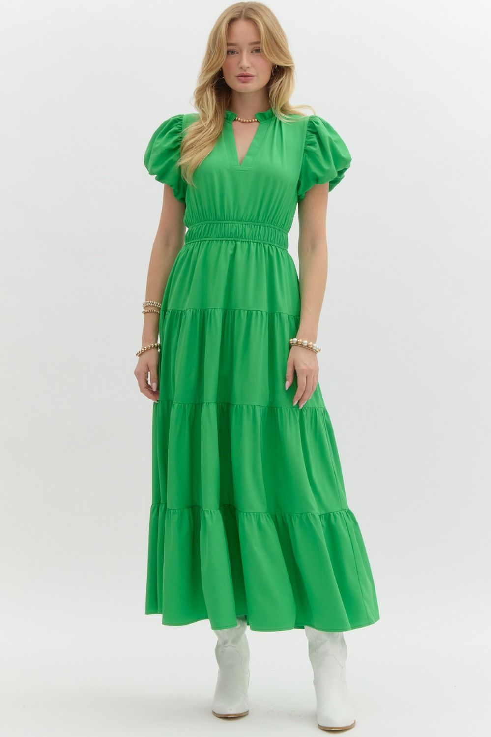 Split V-neck Smocked Waist Midi Dress