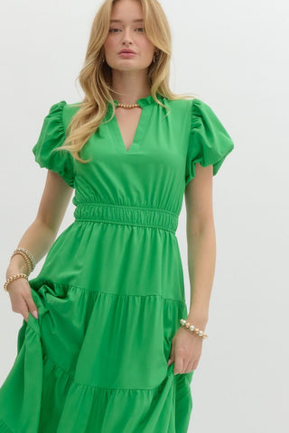 Split V-neck Smocked Waist Midi Dress