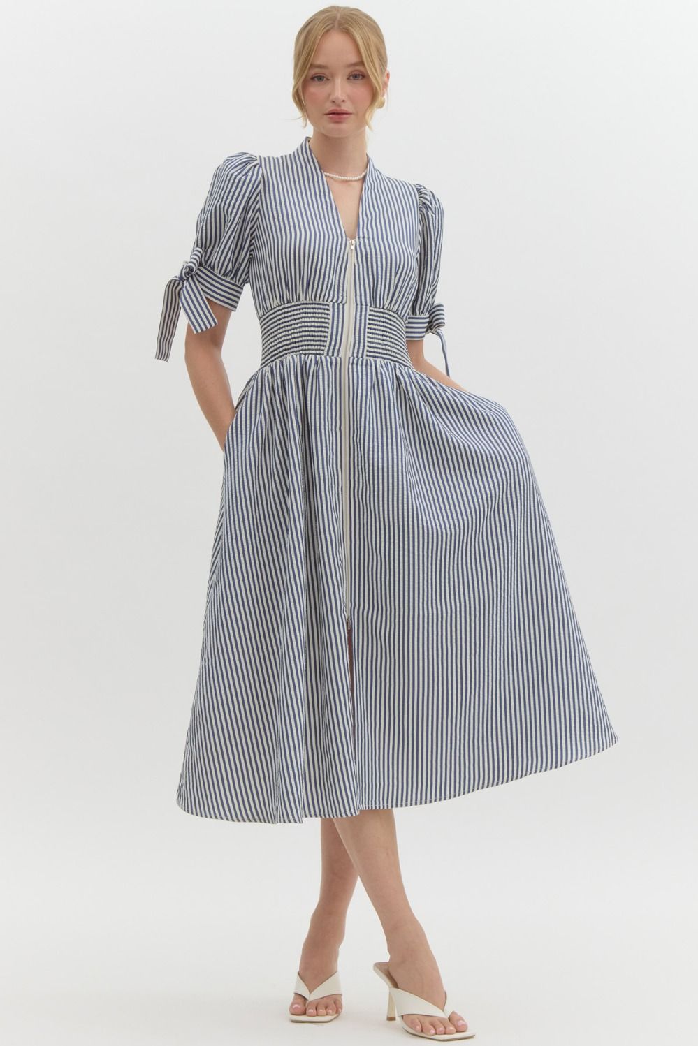 Pin Striped Smocked Waist Zipper Midi Dress