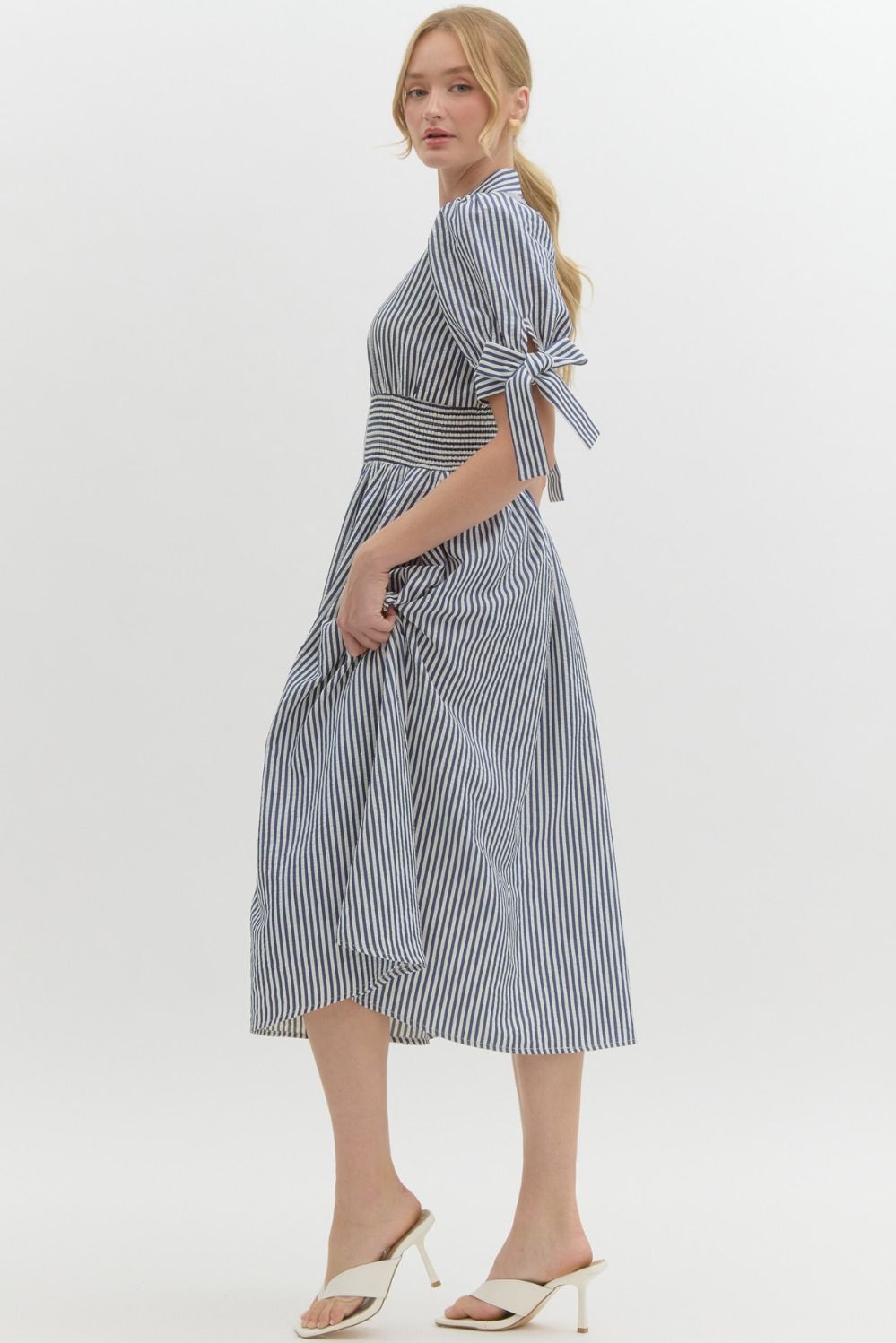 Pin Striped Smocked Waist Zipper Midi Dress