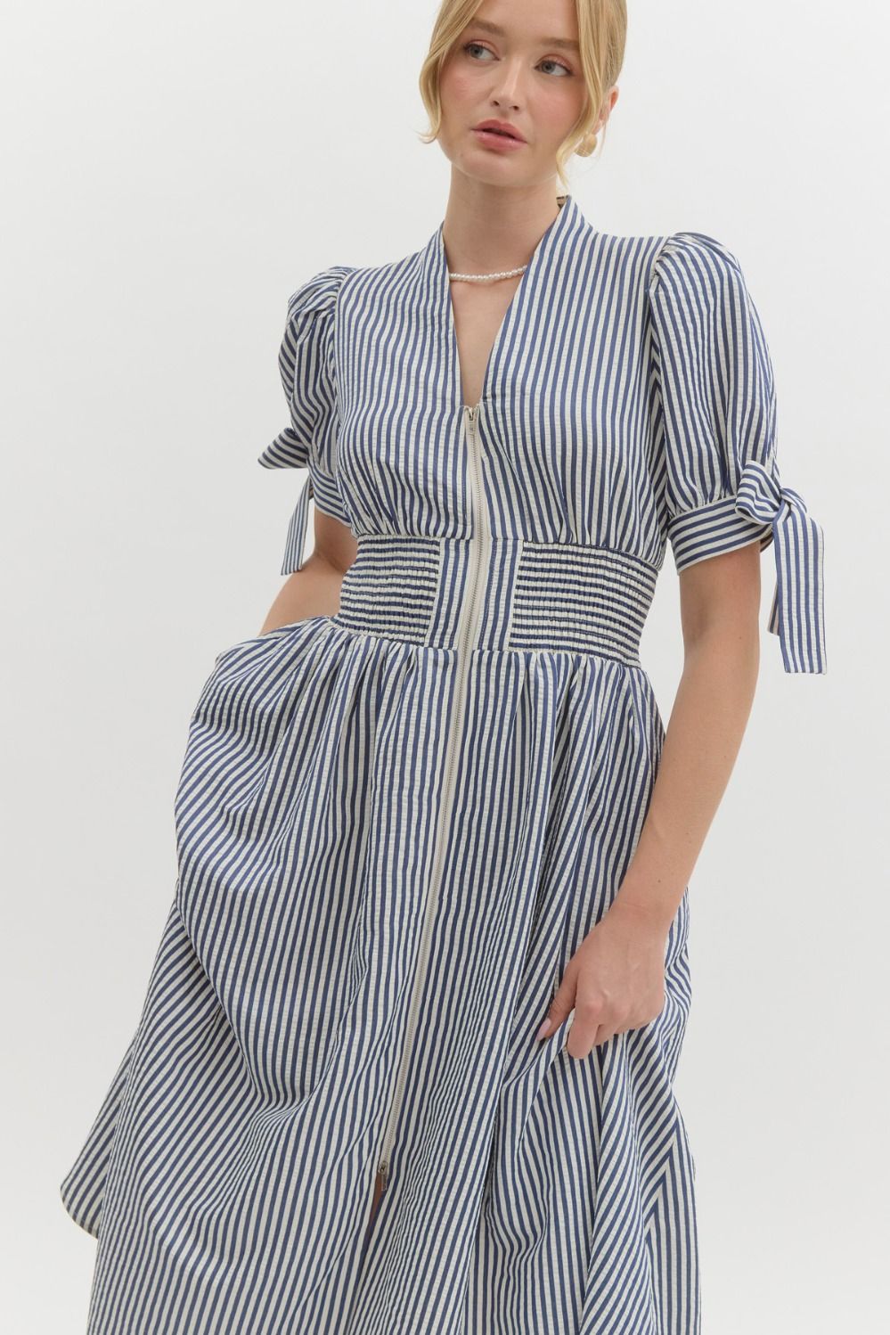 Pin Striped Smocked Waist Zipper Midi Dress