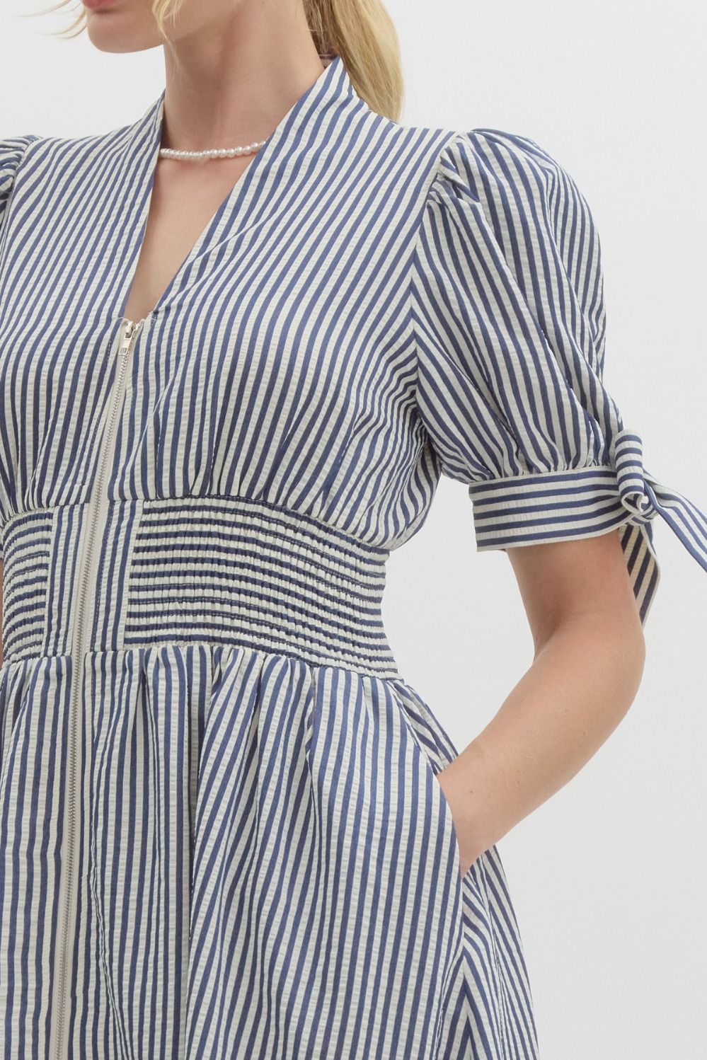 Pin Striped Smocked Waist Zipper Midi Dress