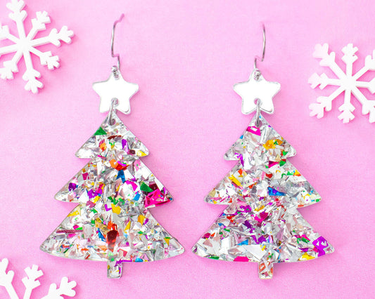 Christmas Tree Silver Glitter Holiday Earrings