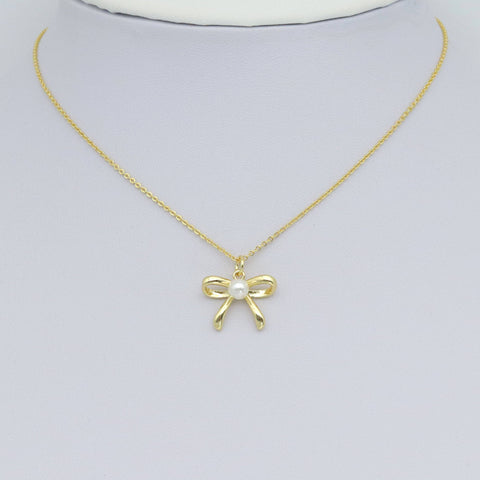 Gold White Pearl Bowknot Charm Pendant