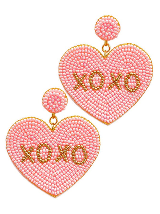 Pink Beaded XOXO Heart Earrings