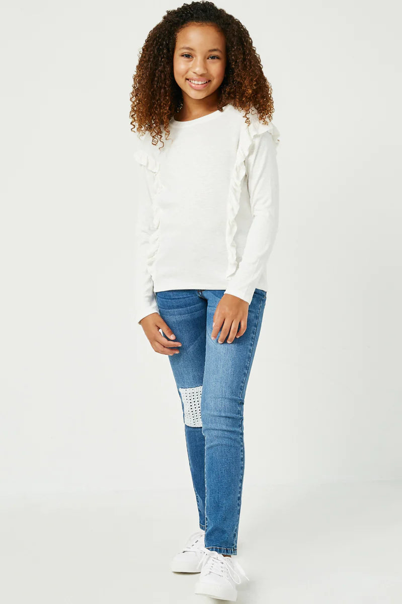 Girls Ruffled Drop Shoulder Marled Ribbed Knit Top